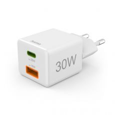 Hama Fast Charger, 1x USB-C, 1x USB-A, Mini Charger, PD, 30 W, white, image 