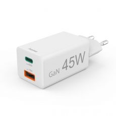 Hama Fast Charger, 1x USB-C, 1x USB-A, Mini Charger, PD, 45 W, white, image 