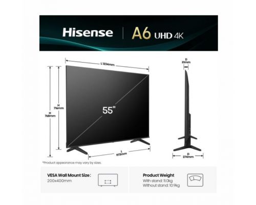 Hisense 55" A6Q, 4K Ultra HD 3840x2160, DLED, DFA, Precision Colour, HDR 10+, HLG, Dolby Vision,Light sensor, Smart TV, WiFi, BT, AnyView Cast, Gaming Mode, 1xHDMI2 eArc, 3xHDMI, 2xUSB, LAN, CI+, DVB-T2/C/S2, Black, image , 2 image