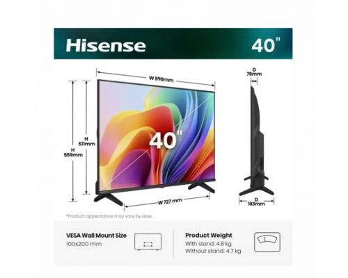 Hisense 40" A4S, Full HD 1920x1080, DLED, HDR, HLG, DTS HD, Smart TV, WiFi, WiFi Direct, 2xHDMI, 2xUSB, LAN, CI+, DVB-T2/C/S2, Black, image _ab__is.image_number.default