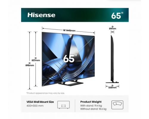 Hisense 65"U7SE, 4K Ultra HD 3840x2160, ULED, FALD, Quantum Dot, 144Hz, IPS, HDR 10+, HLG, Dolby Vision IQ, Dolby Atmos, Smart TV, WiFi 5GHz, WiFi Direct, BT, Anyview Cast,light sensor, 4xHDMI, 2xUSB, LAN, CI+, DVB-T2/C/S2, Black, image , 2 image