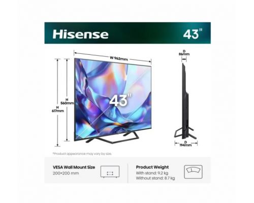 Hisense 43" A7S, 4K Ultra HD 3840x2160, QLED, FALD, Quantum Dot, HDR 10+, HLG, Dolby Vision, Dolby Atmos, Smart TV, WiFi 5GHz, WiFi Direct, BT, Anyview Cast, 3xHDMI, 2xUSB, LAN, CI+, DVB-T2/C/S2, Black, image , 2 image