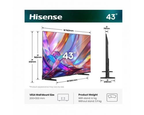 Hisense 43" E7S, 4K Ultra HD 3840x2160, QLED, Quantum Dot, HDR 10+, HLG, Dolby Vision, Light Sensor, Smart TV, WiFi 5GHz, WiFi Direct, BT, Anyview Cast, 3xHDMI, 2xUSB, LAN, CI+, DVB-T2/C/S2, Black, image _ab__is.image_number.default
