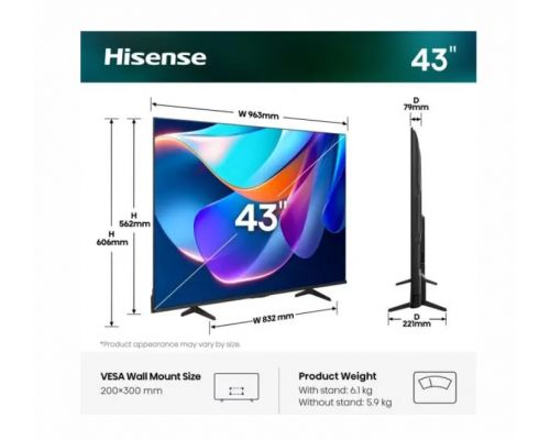 Hisense 43" A6S, 4K Ultra HD 3840x2160, DLED, DFA, Precision Colour, HDR 10+, HLG, Dolby Vision,Light sensor, Smart TV, WiFi, BT, AnyView Cast, Gaming Mode, 1xHDMI2 eArc, 3xHDMI, 2xUSB, LAN, CI+, DVB-T2/C/S2, Black, image , 2 image