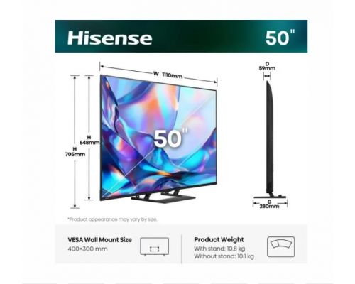 Hisense 50" A7S, 4K Ultra HD 3840x2160, QLED, FALD, Quantum Dot, HDR 10+, HLG, Dolby Vision, Dolby Atmos, Smart TV, WiFi 5GHz, WiFi Direct, BT, Anyview Cast, 3xHDMI, 2xUSB, LAN, CI+, DVB-T2/C/S2, Black, image , 2 image