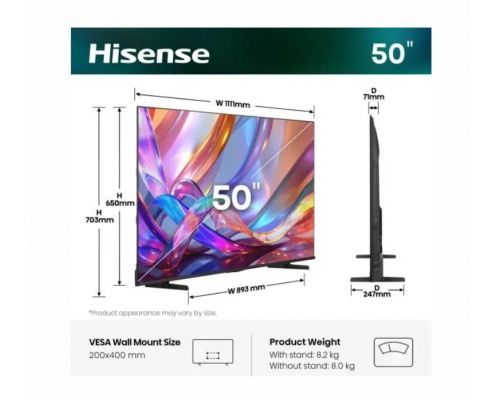 Hisense 50" E7S, 4K Ultra HD 3840x2160, QLED, Quantum Dot, HDR 10+, HLG, Dolby Vision, DTS Virtual X, Smart TV, WiFi, Light Sensor, BT, Anyview Cast, 3xHDMI, 2xUSB, LAN, CI+, DVB-T2/C/S2, Black, image _ab__is.image_number.default