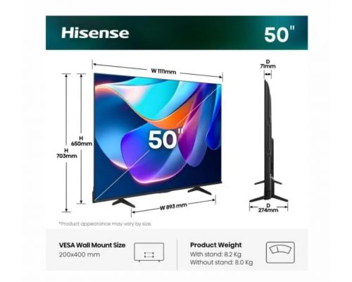 Hisense 50" A6S, 4K Ultra HD 3840x2160, DLED, DFA, Precision Colour, HDR 10+, HLG, Dolby Vision,Light sensor, Smart TV, WiFi, BT, AnyView Cast, Gaming Mode, 1xHDMI2 eArc, 3xHDMI, 2xUSB, LAN, CI+, DVB-T2/C/S2, Black, image , 2 image