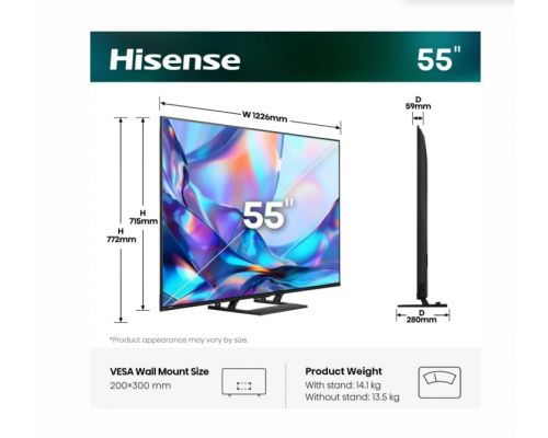 Hisense 55"A7S, 4K Ultra HD 3840x2160, Quantum Dot, Light Sensor,HDR 10+, HLG, Dolby Vision, Dolby Atmos, Smart TV, Voice Control,2x10 W + 20 W ,WiFi 5GHz, WiFi Direct, BT, Anyview Cast, 3xHDMI, 2xUSB, LAN, DVB-T2/C/S2, Black, image _ab__is.image_number.default