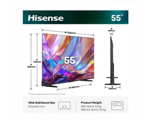 Hisense 55" E7S, 4K Ultra HD 3840x2160, QLED, Quantum Dot, HDR 10+, HLG, Dolby Vision, DTS Virtual X, Smart TV, WiFi, Light Sensor, BT, Anyview Cast, 3xHDMI, 2xUSB, LAN, CI+, DVB-T2/C/S2, Black, image _ab__is.image_number.default