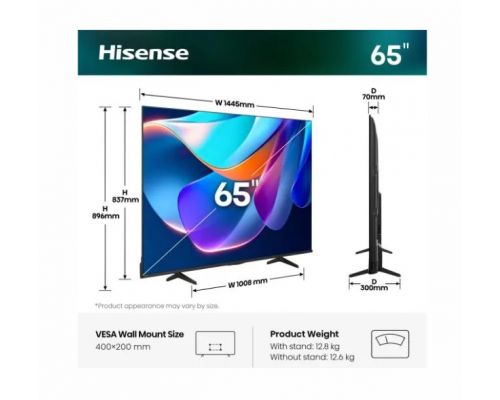 Hisense 65" A6S, 4K Ultra HD 3840x2160, DLED, DFA, Precision Colour, HDR 10+, HLG, Dolby Vision, DTS Virtual X, Smart TV, WiFi, BT, Light Sensor, Gaming Mode, 1xHDMI2 eArc, 3xHDMI, 2xUSB, LAN, CI+, DVB-T2/C/S2, Black, image , 2 image