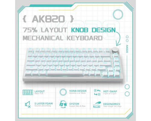 Ajazz геймърска механична клавиатура Gaming Mechanical Keyboard AK820 - Blue Switches [Tactile] (English US), White, Blue Light, image _ab__is.image_number.default