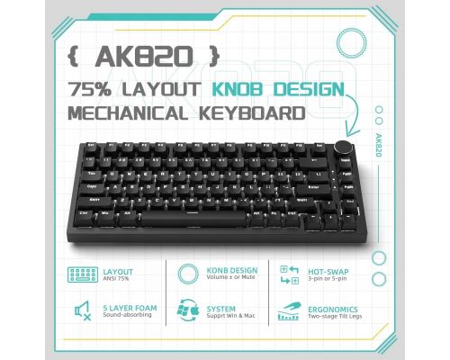 Ajazz геймърска механична клавиатура Gaming Mechanical Keyboard AK820 - Red Switches [Linear] (English US), Black, White Backlight, image _ab__is.image_number.default