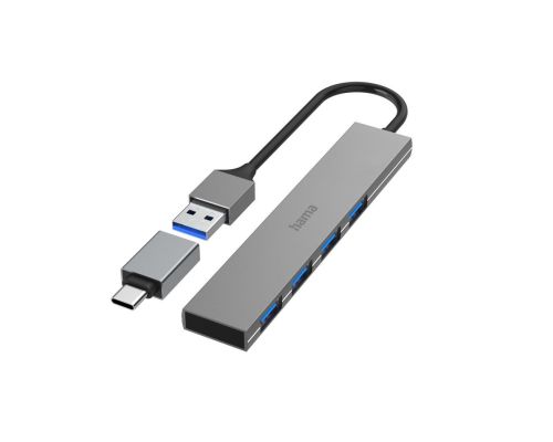 HAMA USB хъб, 4 порта, USB 3.2 Gen 1, 5 Gbit/s, ултратънък, вкл. USB-C адаптер, image 