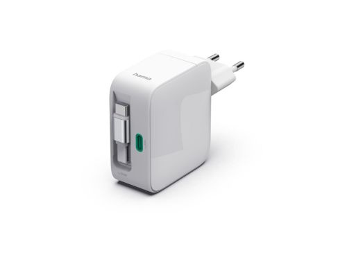 Hama Fast Charger, GaN, 2x USB-C, Extendable Charging Cable, PD, 30 W, white, image 