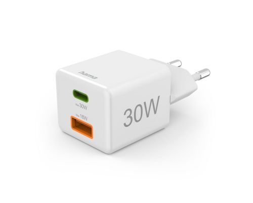 Hama Fast Charger, 1x USB-C, 1x USB-A, Mini Charger, PD, 30 W, white, image 