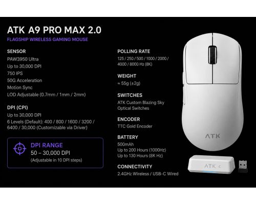 ATK професионална геймърска мишка Wireless Gaming Mouse A9 Pro Max 2.0 Tri-mode Nearlink - 8K, White, image _ab__is.image_number.default
