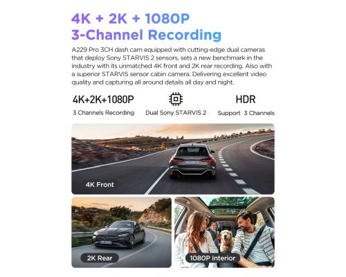 VIOFO Видеорегистратор Dash Cam A229 Pro 3 Channel - 4K, HDR, Dual Sony STARVIS 2, GPS, Bluetooth, image _ab__is.image_number.default